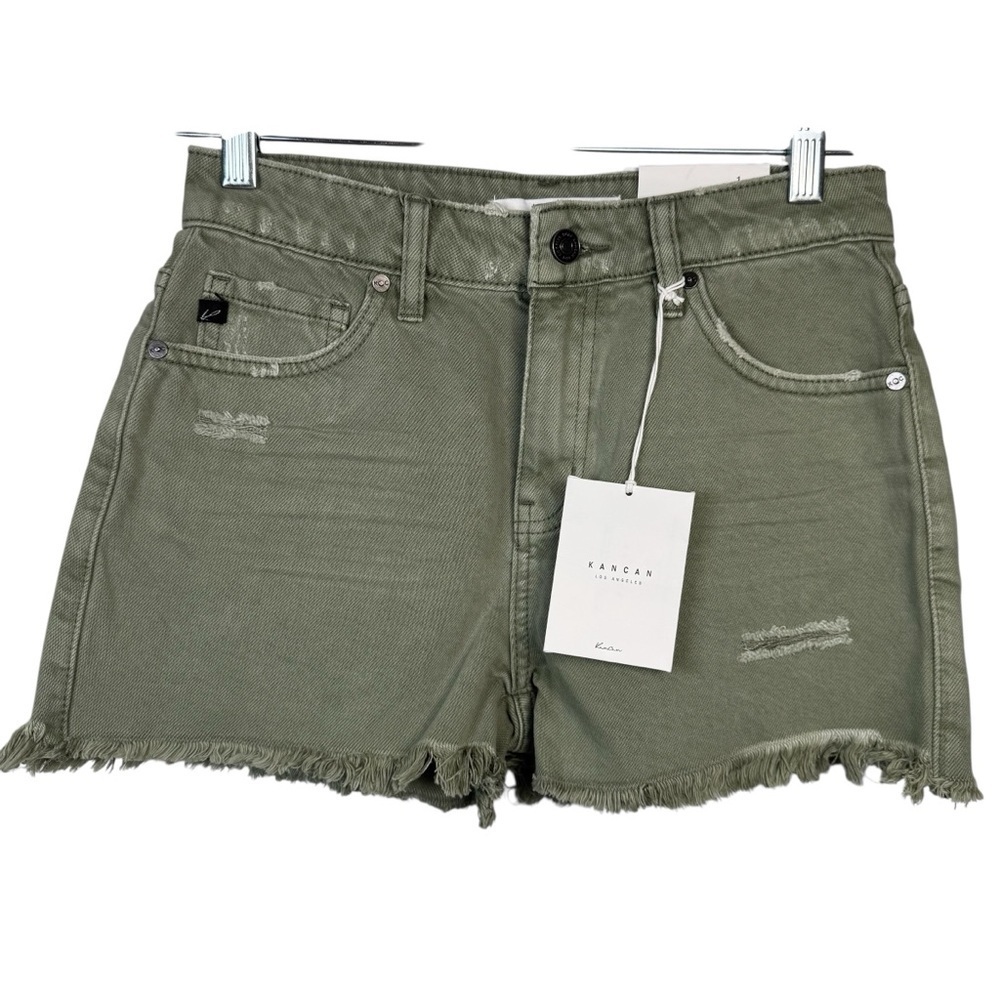 Kancan Estilo Mid Rise Distressed Short Olive Green Women’s Size 24 100% Cotton